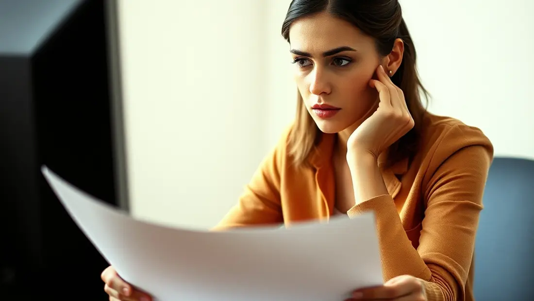 Persona leyendo documentos con expresión inquieta
