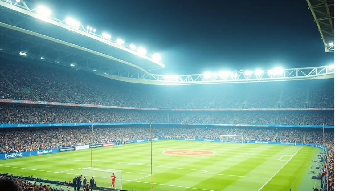 Estadio lleno de aficionados con banderas y pancartas