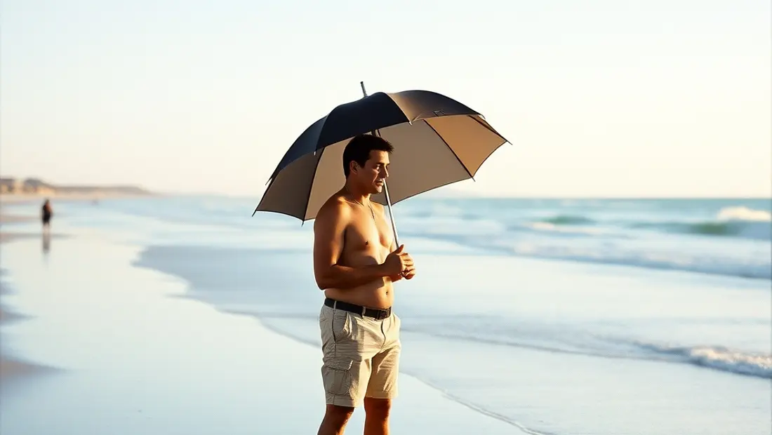 Persona con paraguas en la playa de Fuerteventura.