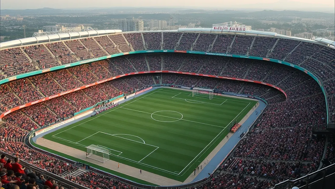 Estadio de Elche CF con aficionados de pie y equipos en el terreno.