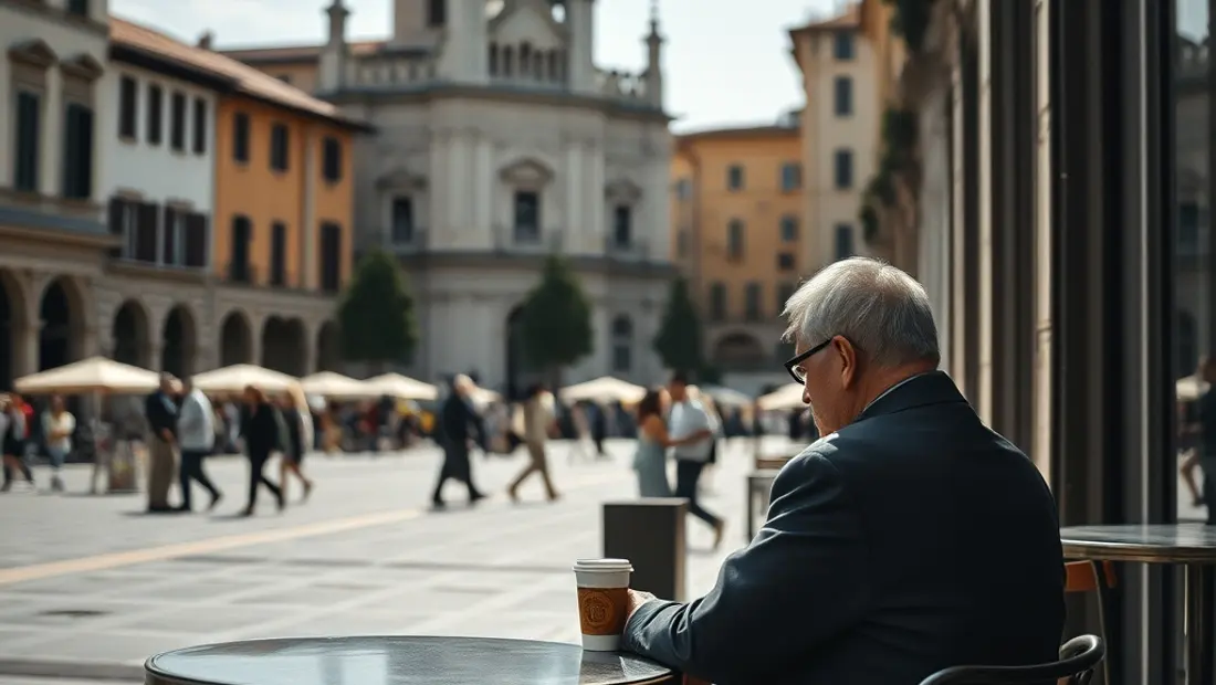 Persona tomando café en la Plaza del Concilio de Trento, ambiente relajado
