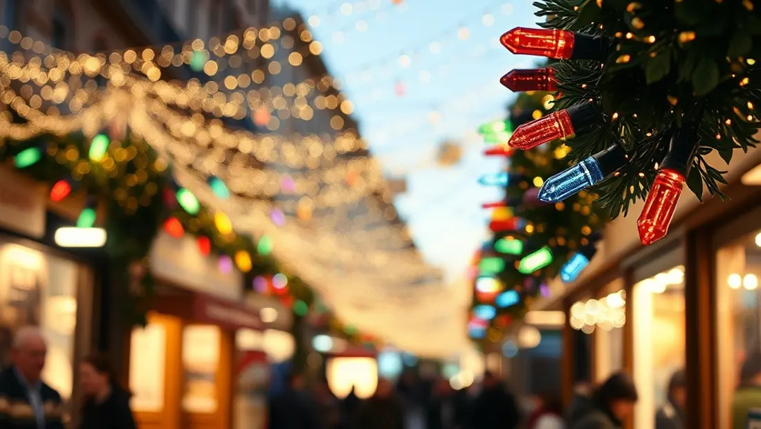 Guirnalda de luces en un mercado de Navidad