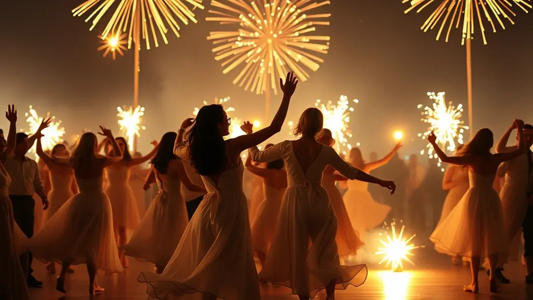 Personas bailando bajo fuegos artificiales