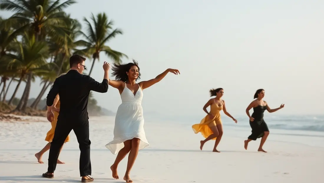 Personas bailando y riendo en la playa.