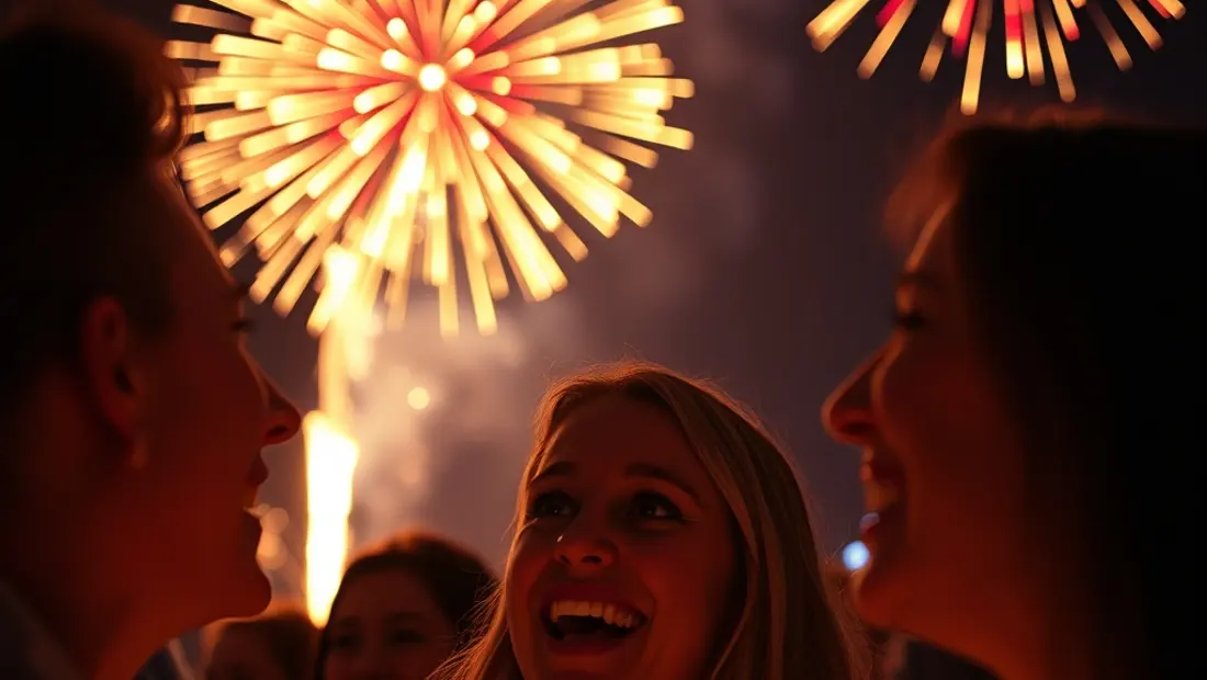 Detalles de la fiesta con fuegos artificiales en el cielo.