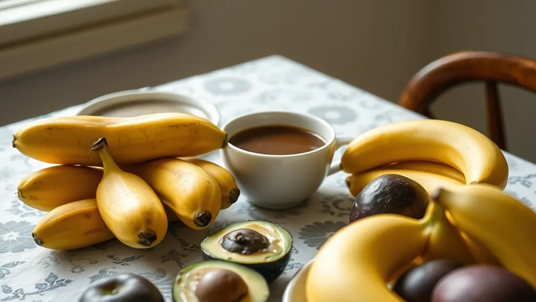 Frutas y alimentos en una mesa de cocina