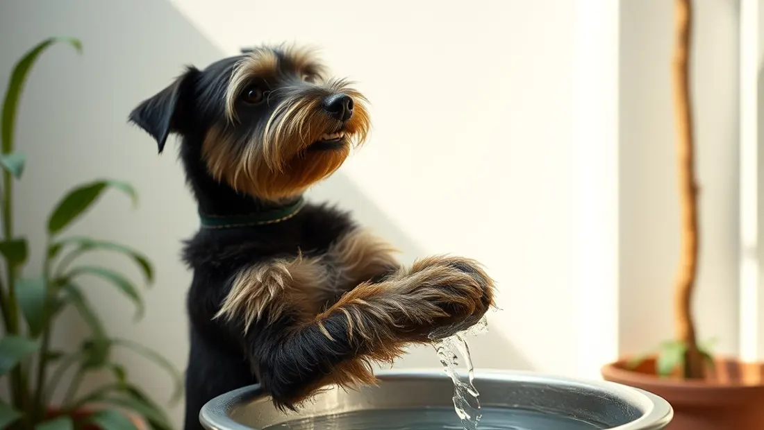 Dueño de perro lavando cubitos de agua