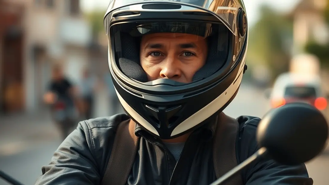 Un conductor de moto con casco, pero sin guantes ni gafas de protección