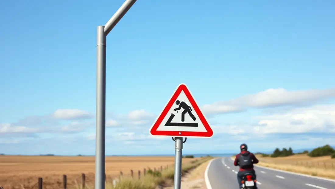 Un cartel de señalización con un aviso de peligro para motociclistas