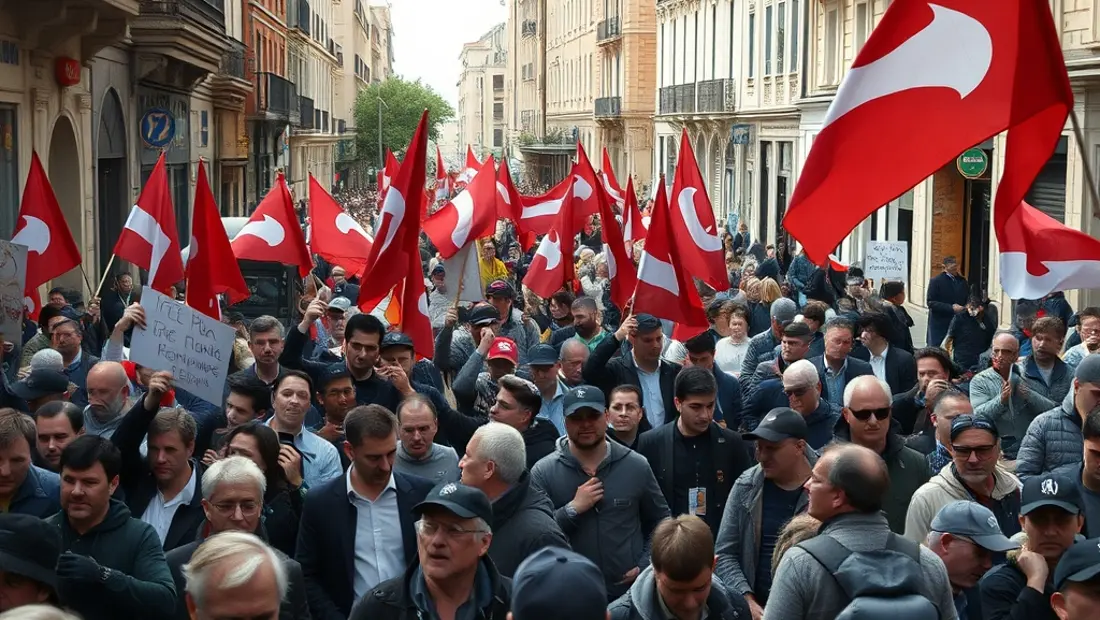 Manifestantes en la calle principal de una ciudad gallega.