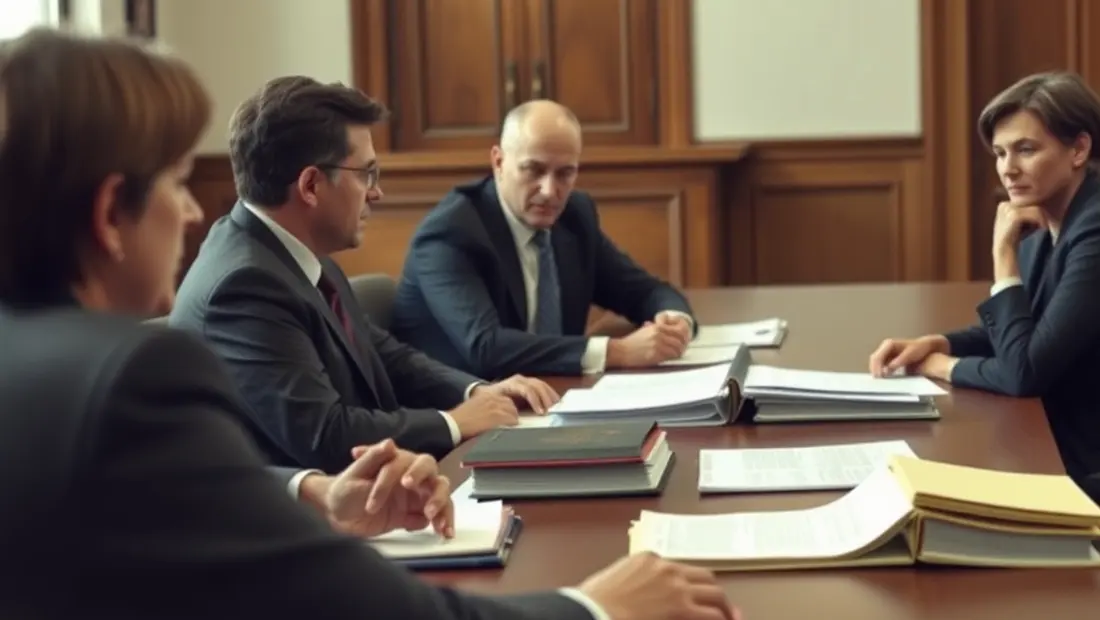 Personas sentadas en una mesa con documentos en una sala de tribunal.