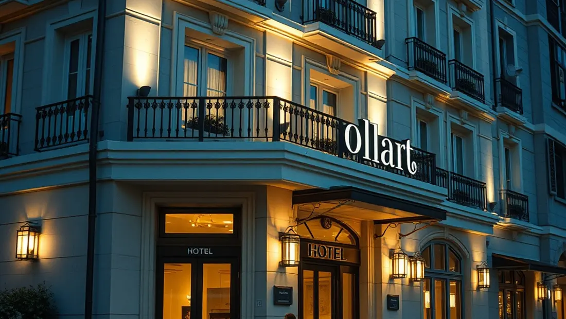 Detalle de la fachada del hotel Illa con su decoración contemporánea y su iluminación nocturna