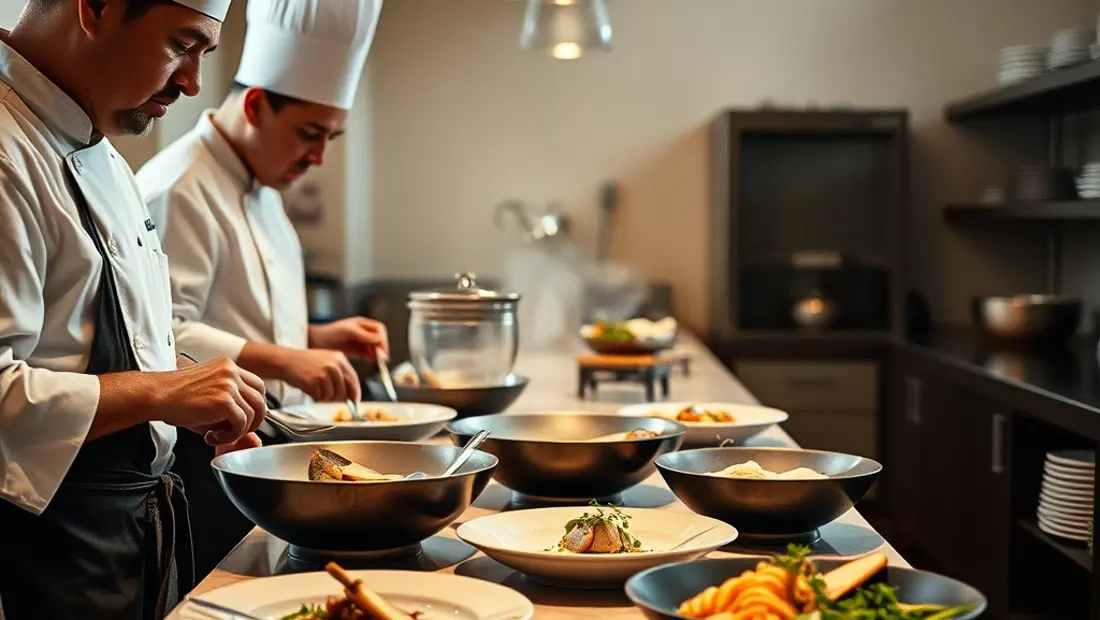 Escena en la cocina del hotel Illa con los chefs y los platos preparados
