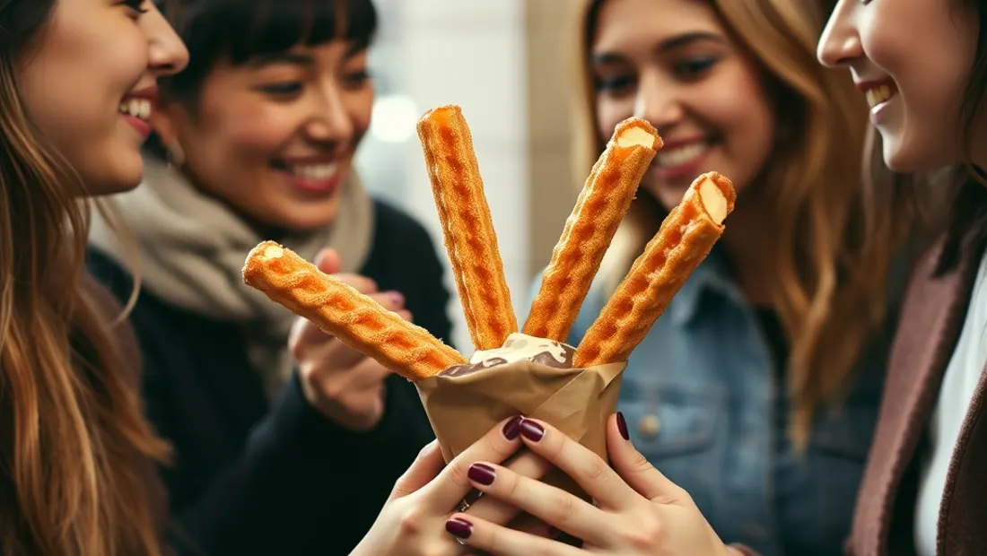 Amigos compartiendo un momento alegre con churros y chocolate