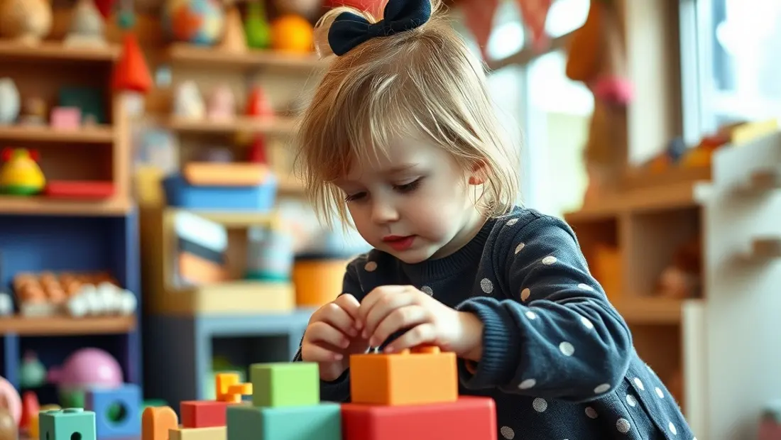 Niña jugando con bloques en una tienda de juguetes
