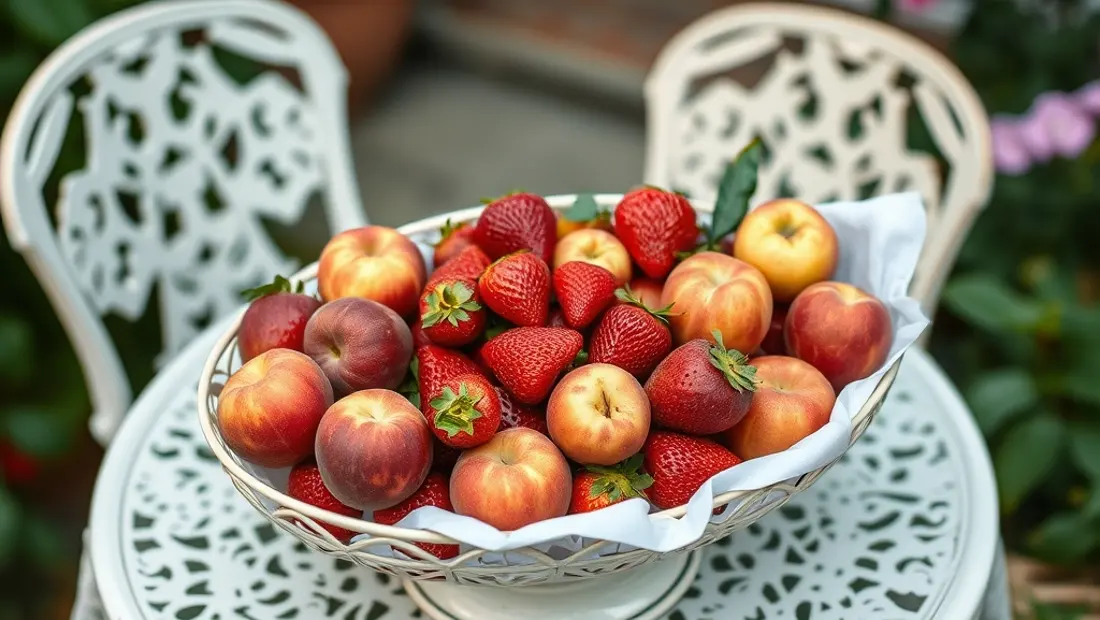 Fruits frescos en una mesa de jardín.