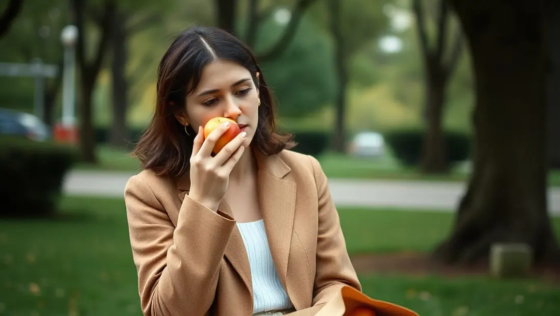 Persona comiendo una manzana en un banco de un parque.