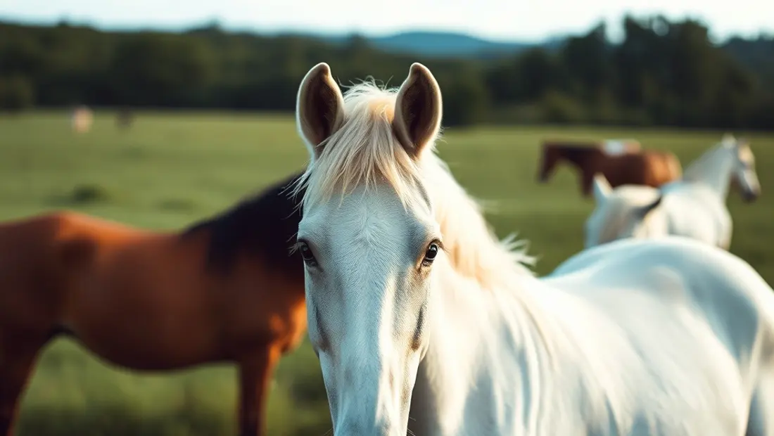 Caballo blanco en campo verde