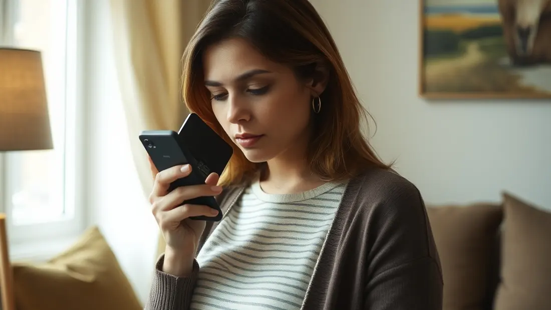Persona mirando su teléfono con expresión de concentración.