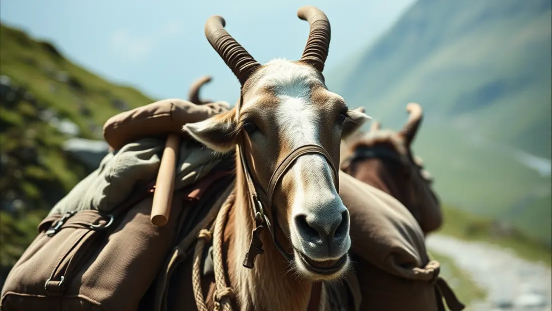 Mula con carga en un camino de montaña.