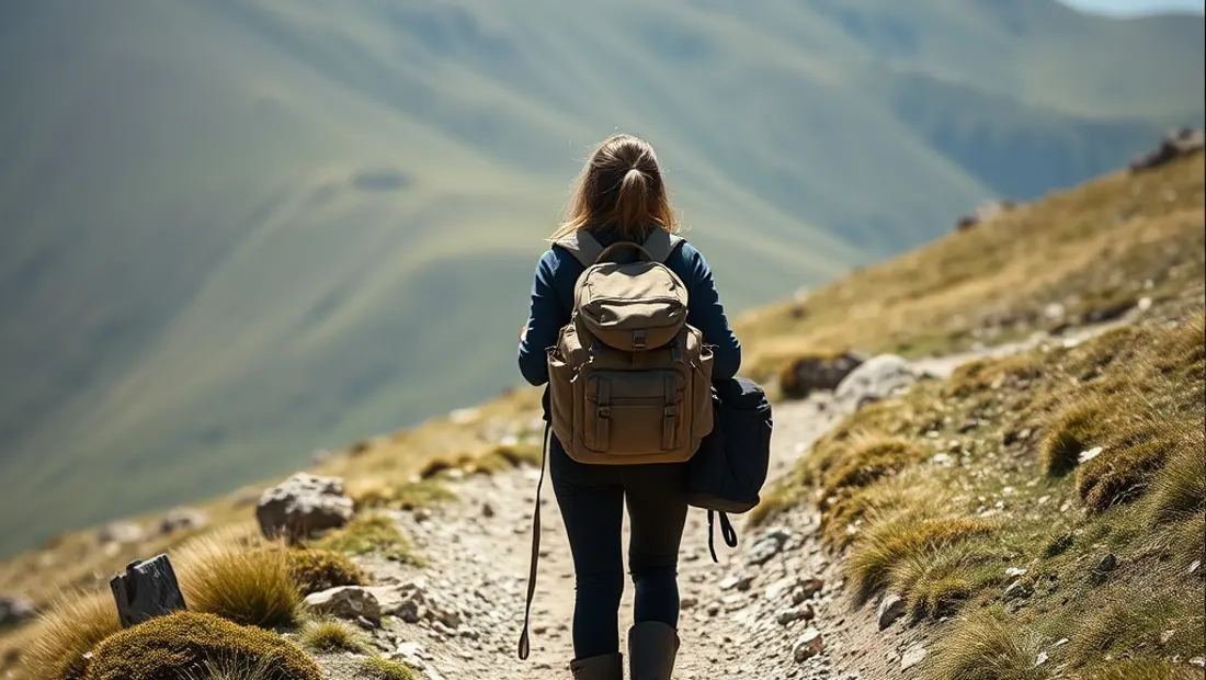 Persona en un camino de montaña con mula y carga.