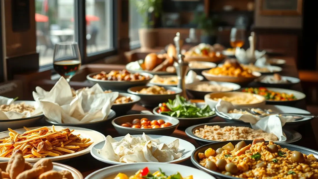 Un buffet libre con diversas tapas y paella en un restaurante animado.