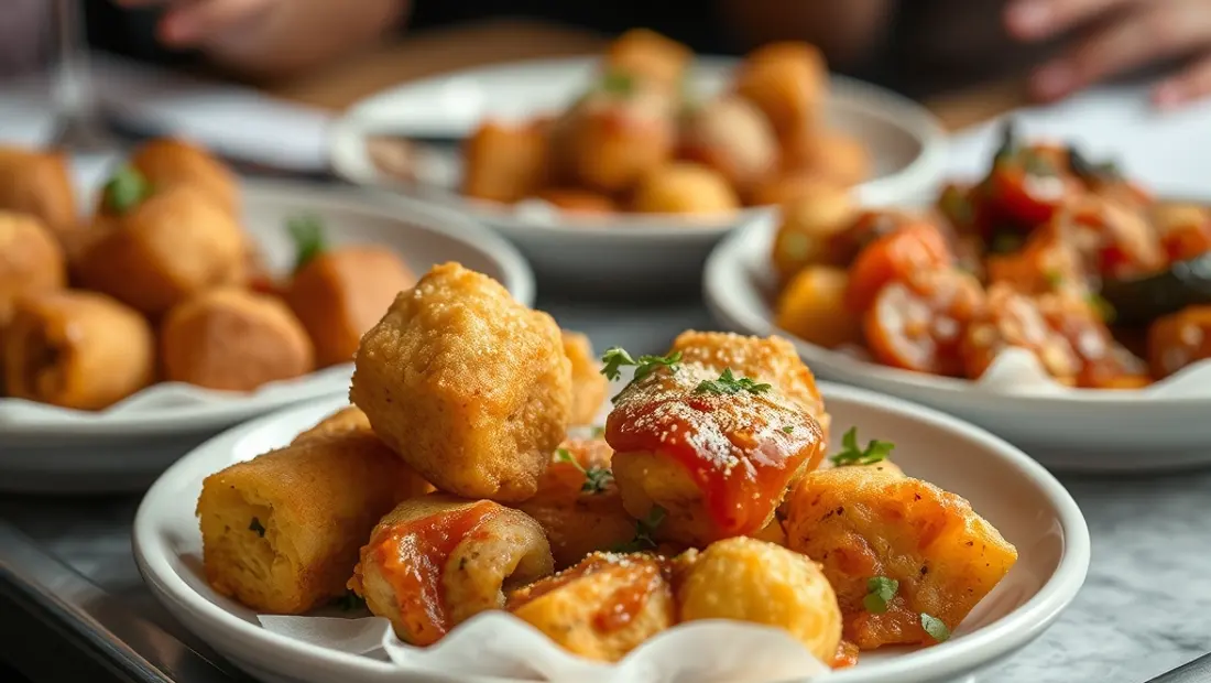 Un detalle de croquetas y patatas bravas en un plato de servicio.