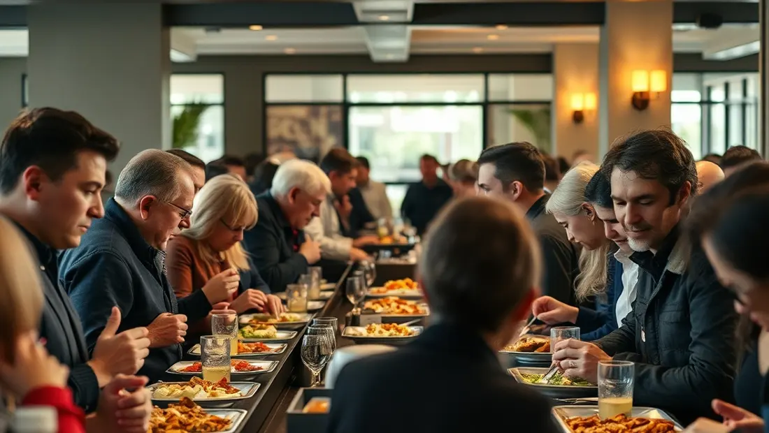 Una vista general de un buffet libre con personas comiendo y conversando en un ambiente acogedor.
