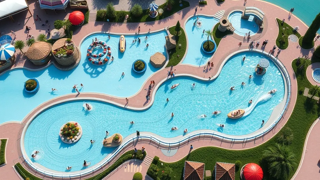 Parque acuático en Cataluña con atracciones y piscinas.