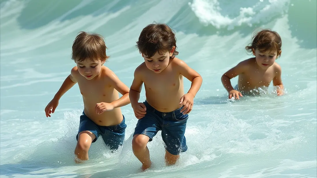 Niños jugando en un gran charco de olas artificiales.