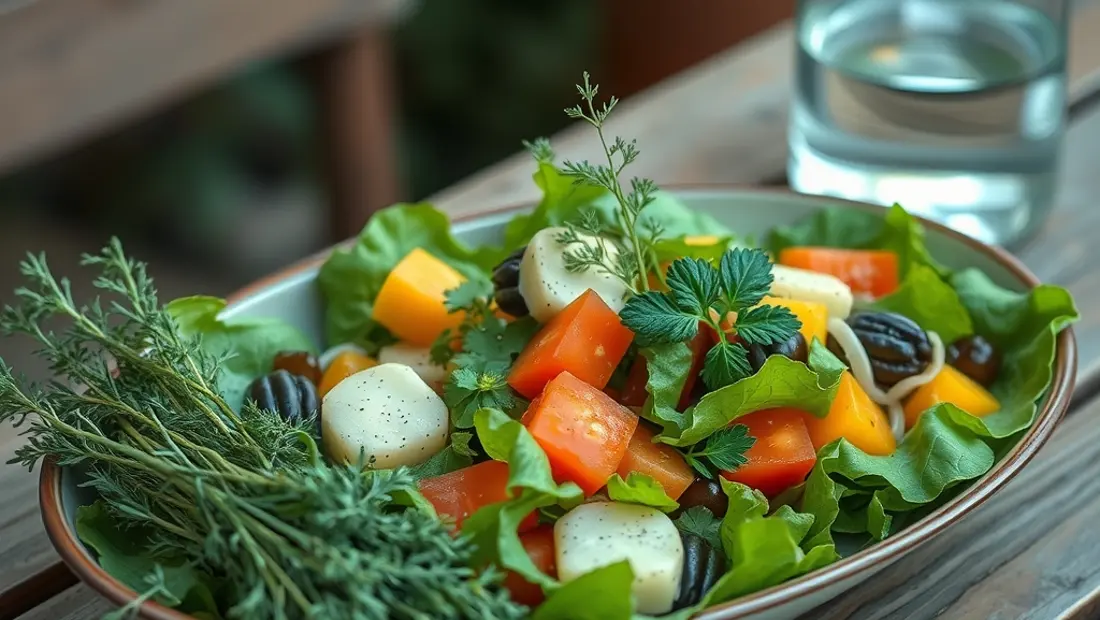 Salade de légumes fresques en table de jardin