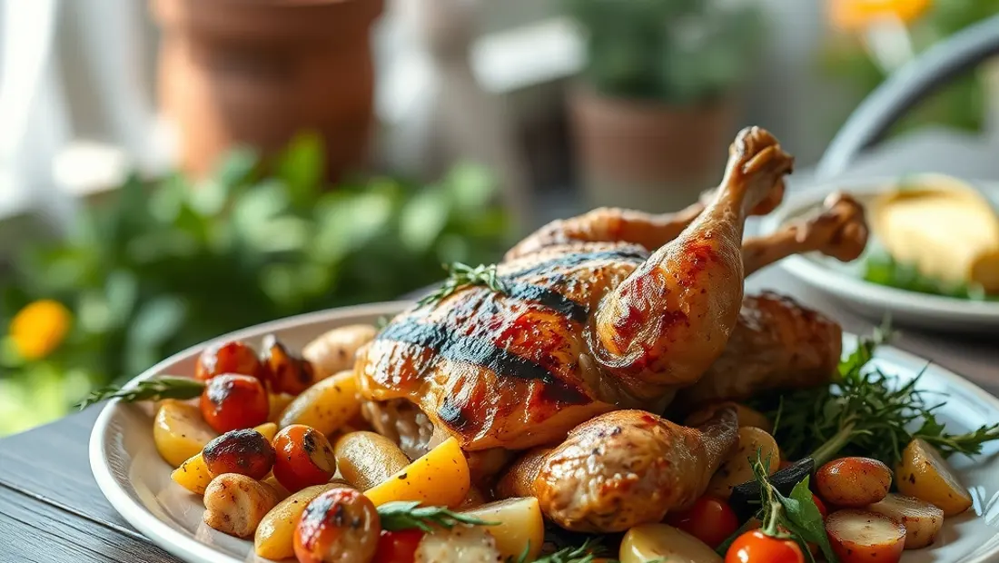 Pollo a la parrilla con verduras y hierbas.