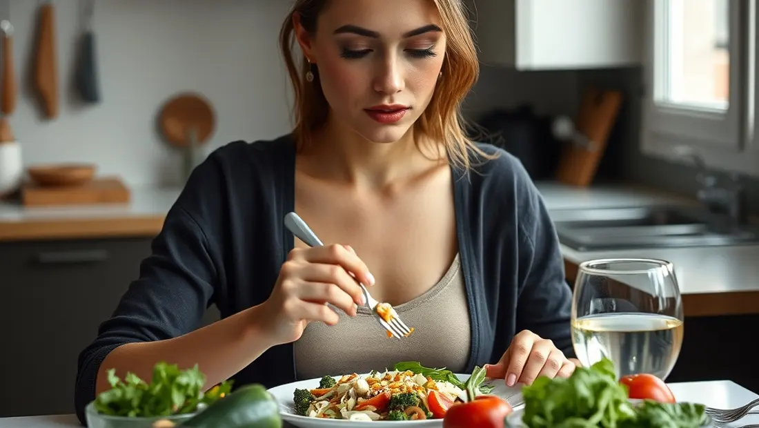 Mujer comiendo un repas saludable en la cocina
