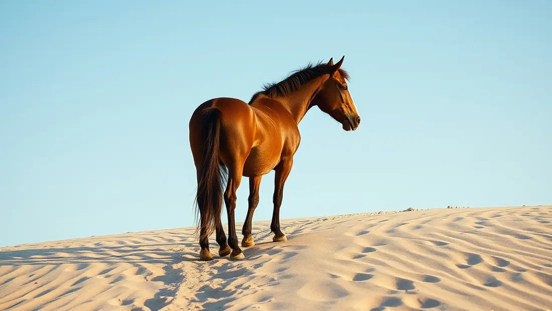 Un caballo cojeando en una pista de arena