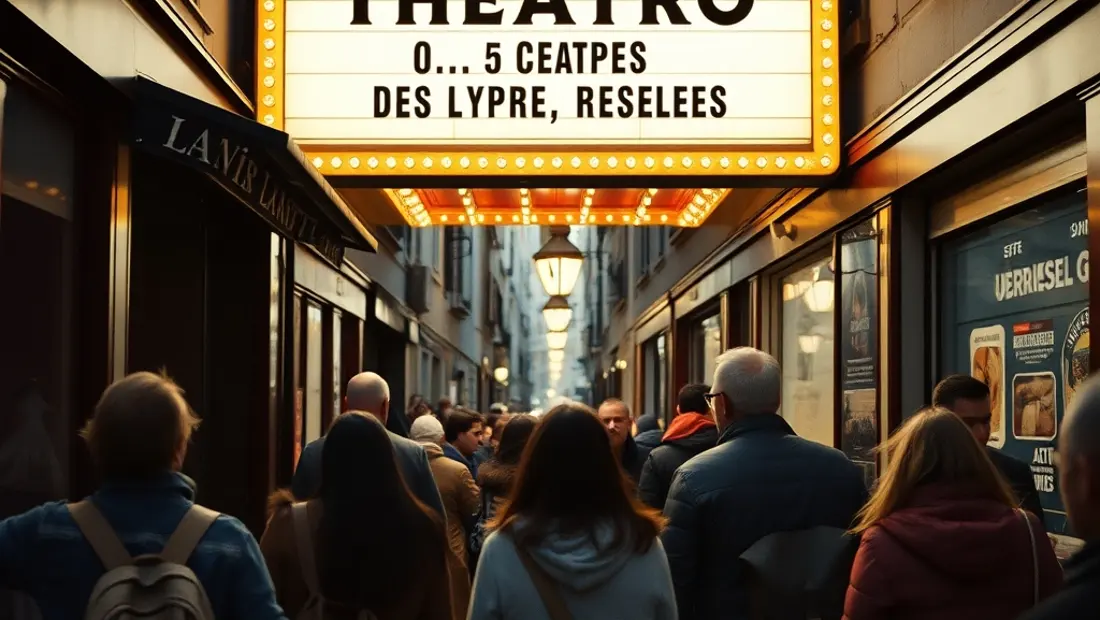 Cartel de teatro en Madrid con personas esperando