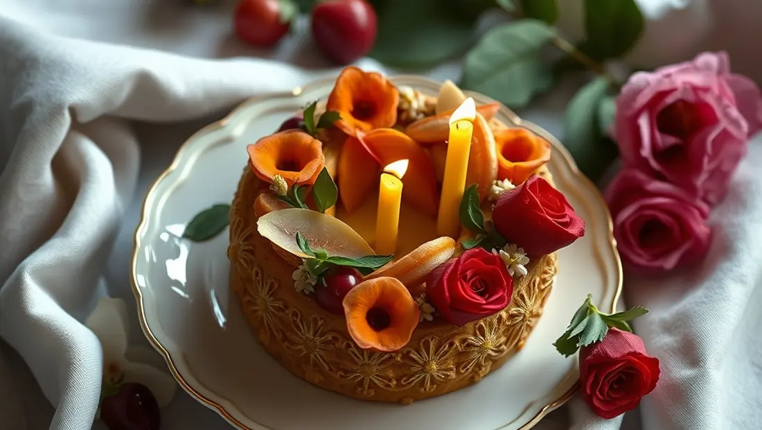 Roscón de Reyes doré, frutas y flores