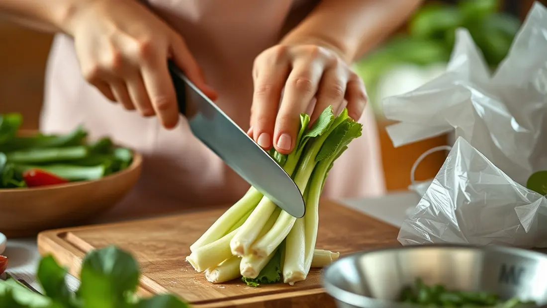 Persona cortando pak choi en cocina