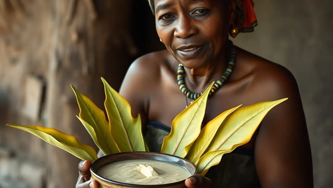 Femme préparant un dessert avec des feuilles de palolu palulu.