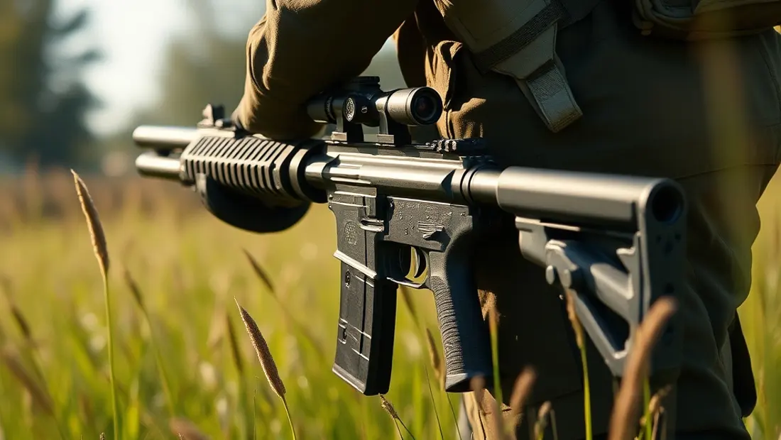 Tirador sosteniendo la arma de fuego Perazzi MX8 Trap en la trampa, en un campo abierto