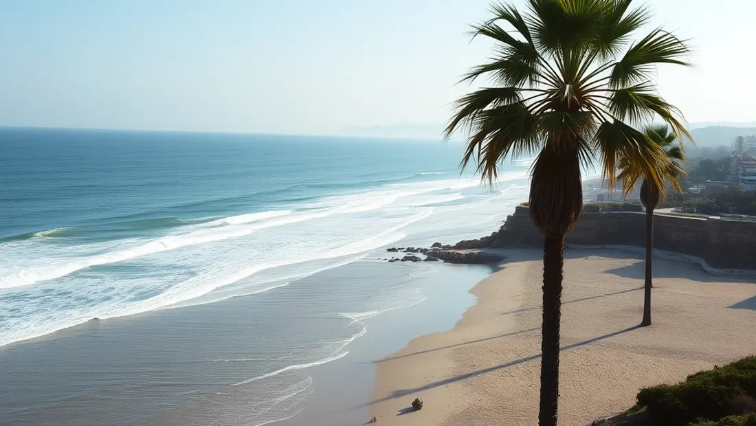 Una playa con olas y palmeras