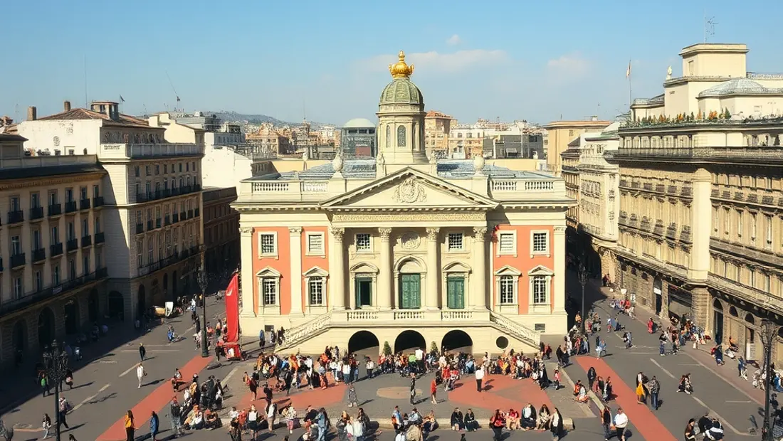 Una vista aérea de la Puerta del Sol con turistas y paseantes.
