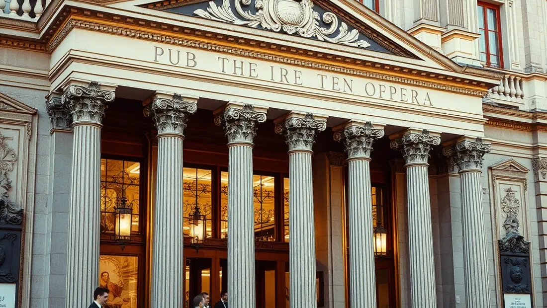 Un detalle de la fachada del Teatro Real de Madrid con personas que se dirigen hacia él.