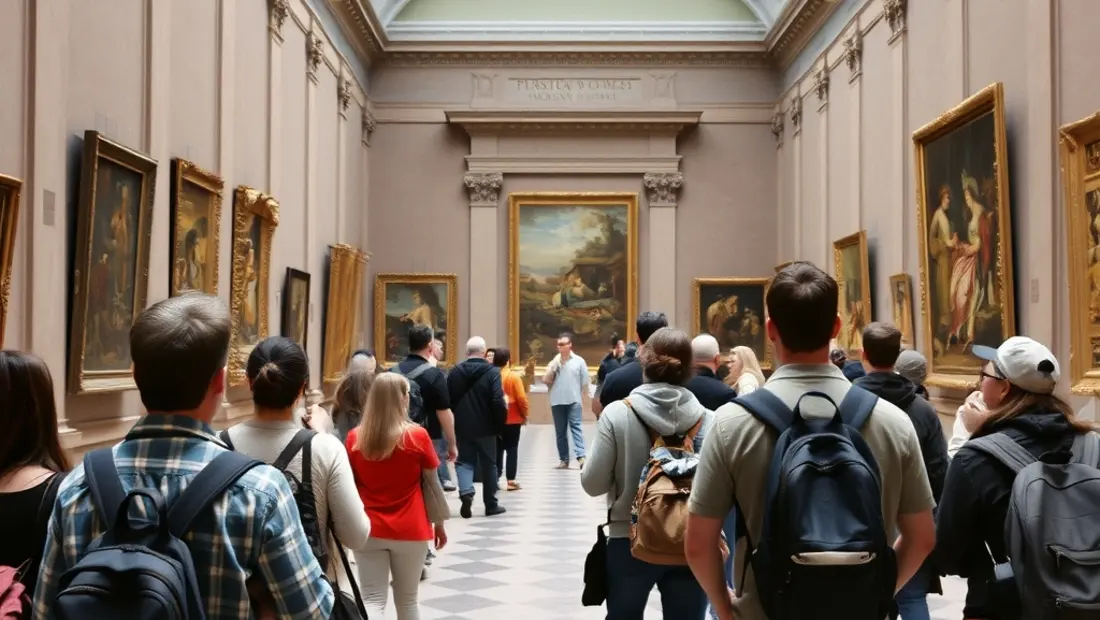 Un grupo de turistas que visitan el Museo del Prado con obras de arte en segundo plano.