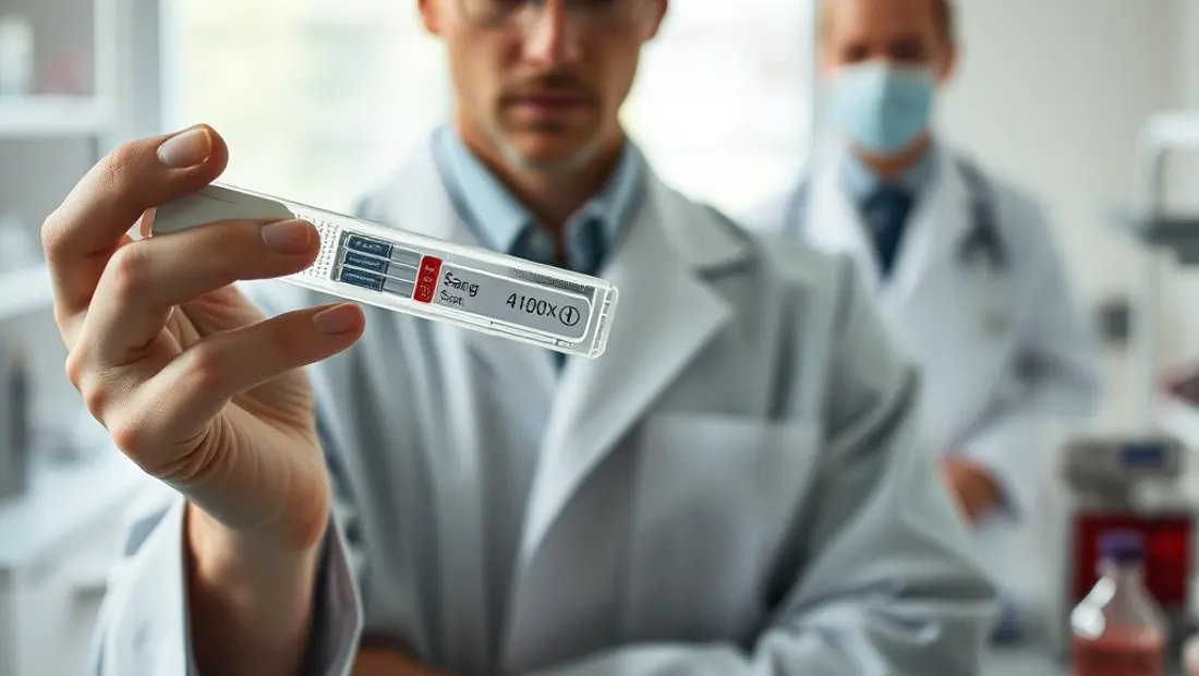 Persona examinando resultados de análisis de sang en un laboratorio