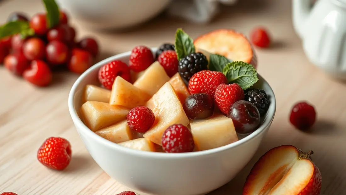 Pudding doré con frutas.