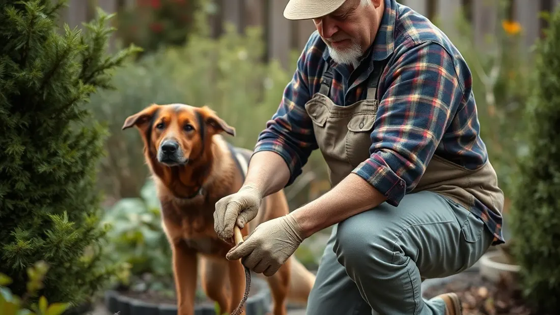 Hombre creando un pozo en un jardín.