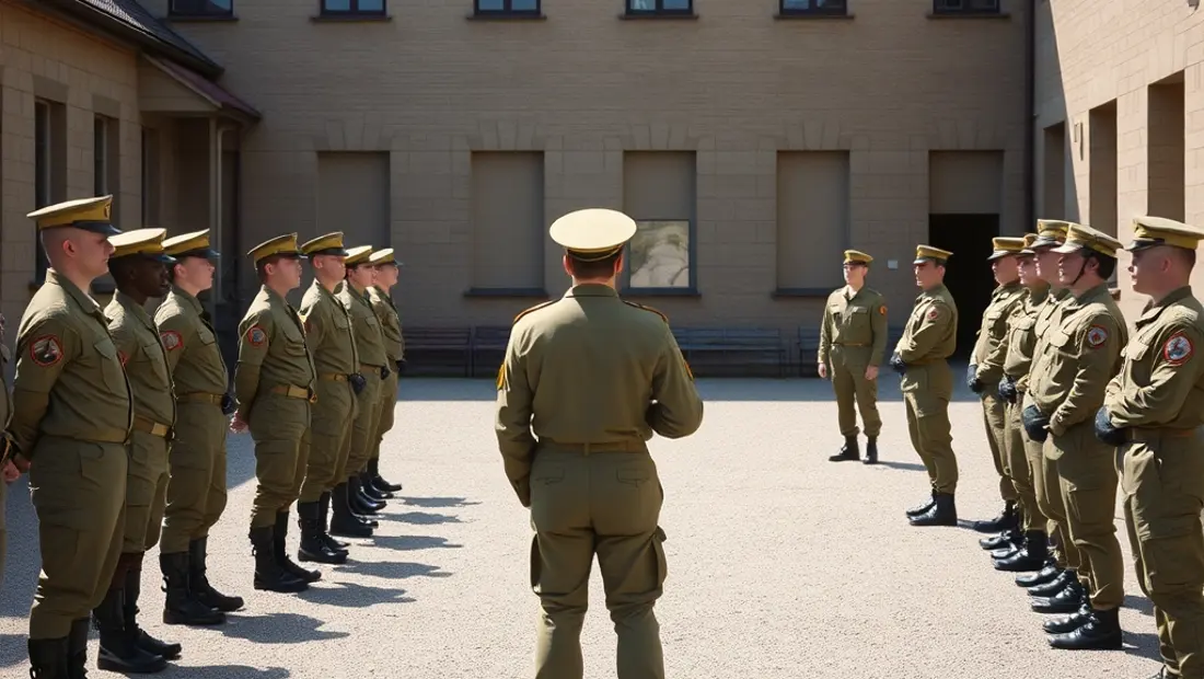 Élèves militaires en uniforme dans une cour de caserne.