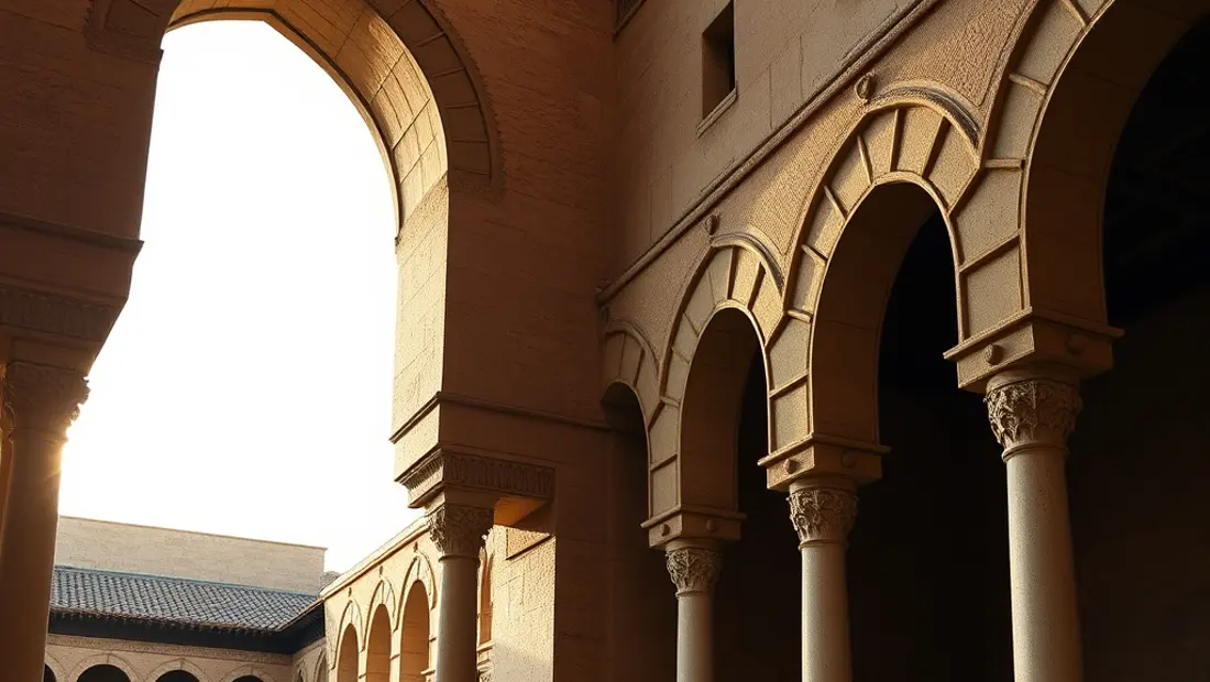 Detalle de la Alcazaba de la Alhambra con arcos y columnas de estuco.