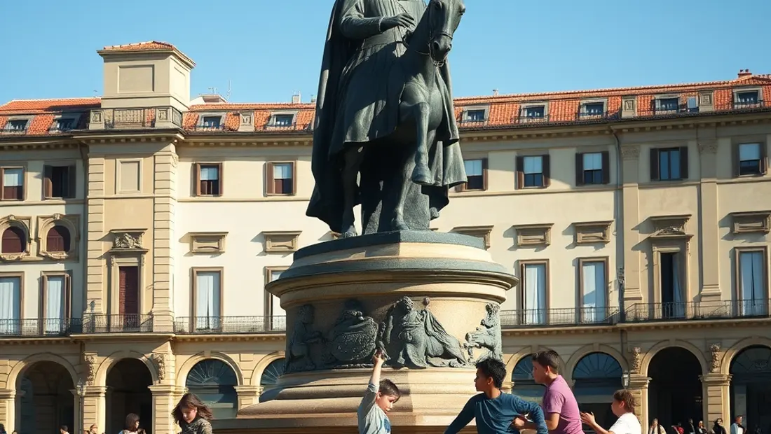Statua de Cervantes con niños jugando