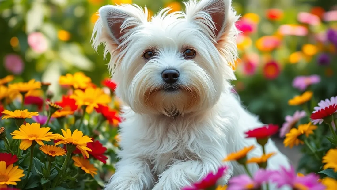 Chienne Yorkshire en un jardin avec fleurs.